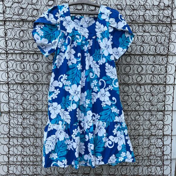 VTG Winnie Fashion Hawaiian Blue Tropical Floral Ruffle Hem Tulip Sleeve Dress L - Picture 1 of 11
